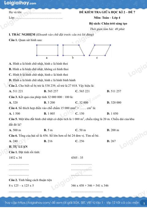 Đề kiểm tra giữa học kì 2 Toán 4 Chân trời sáng tạo - Đề số 7
